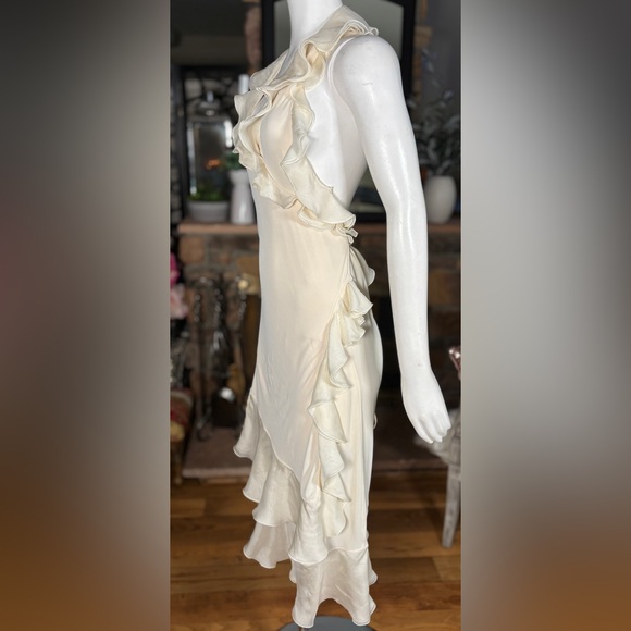 Jean Paul Gaultier Cream Silk & Rayon Backless Ruffle Halter Wrap Dress, Sz L - Picture 6 of 16
